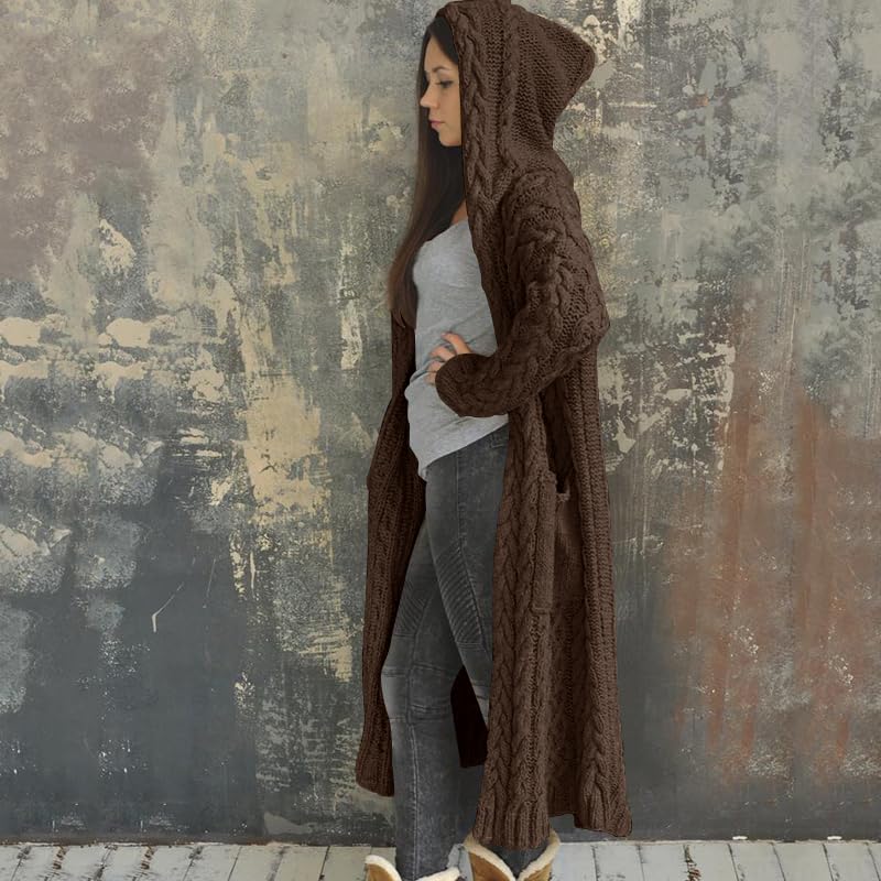 NIUBIA Womens Casual Long Sleeve Open Cardigan Warm Hooded Outwear Coat Cable Knit Long Cardigan Sweaters with Pockets