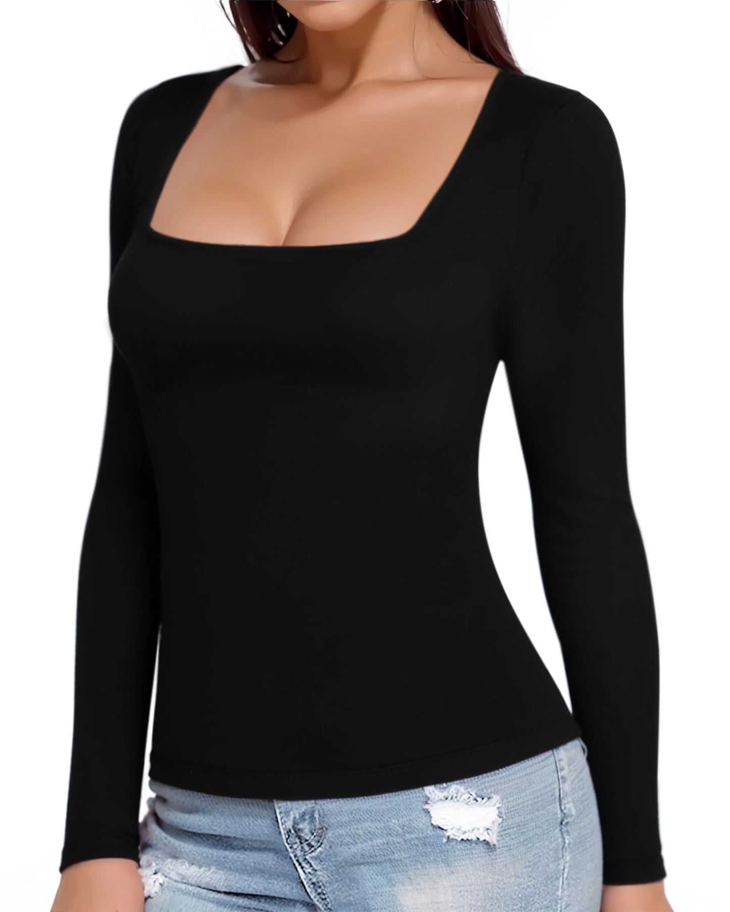 MANGOPOP Womens Square Neck T Shirts Long Sleeve Tops Fitted Tees