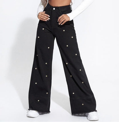 Women's Patchwork Pearl Embellished Jeans High Waisted Solid Color Casual Straight Leg Baggy Denim Pants