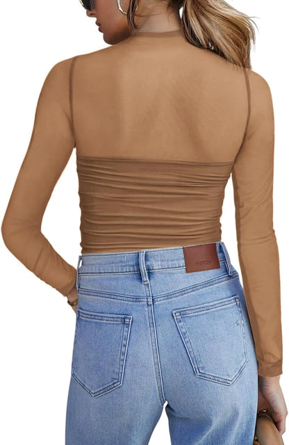 Zeagoo Women's Sexy Mock Turtle Neck Long Sleeve Tops Sheer Mesh Ruched Trendy Going Out Shirts Blouse
