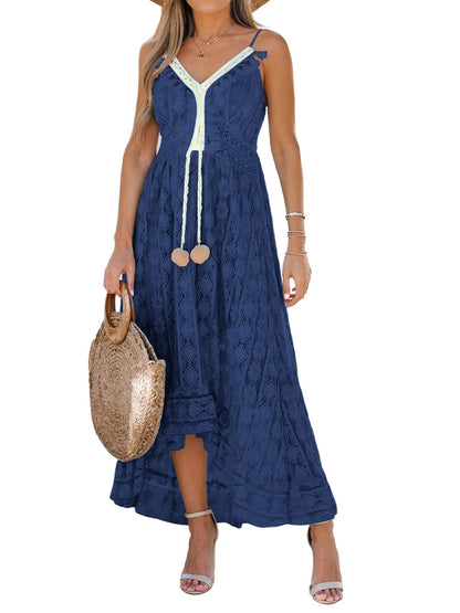 CUPSHE Women's Maxi Dress Lace Dresses Boho Tassel V-Neck Flare Ruffle Adjustable Straps Beach Summer Long Dress