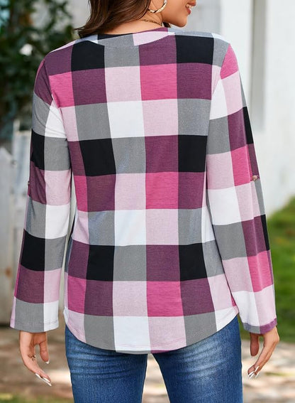 Dokotoo Womens Basic Casual V Neck Plaid Print Cotton Cuffed Long Sleeve Work Tops Blouses Shirts S-3XL