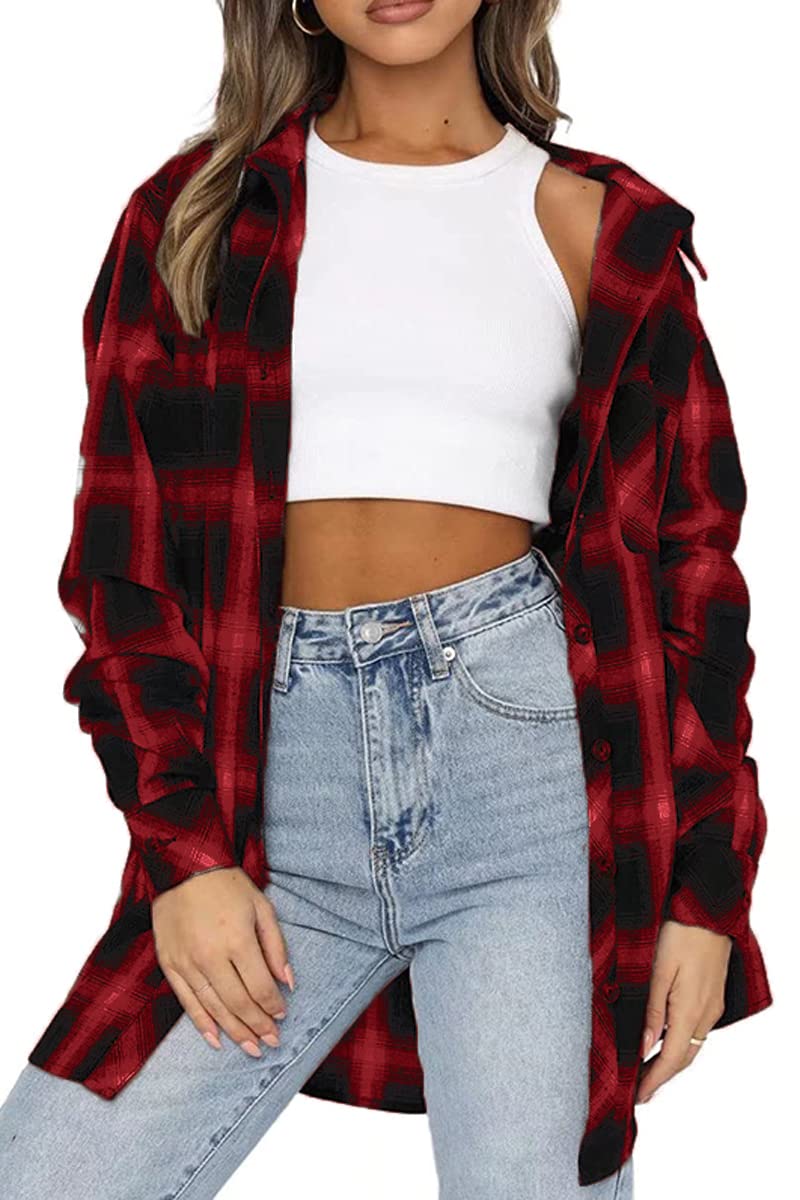 CHYRII Womens Button Down Flannel Shirts Long Sleeve Plaid Shackets Business Casual Blouse Top