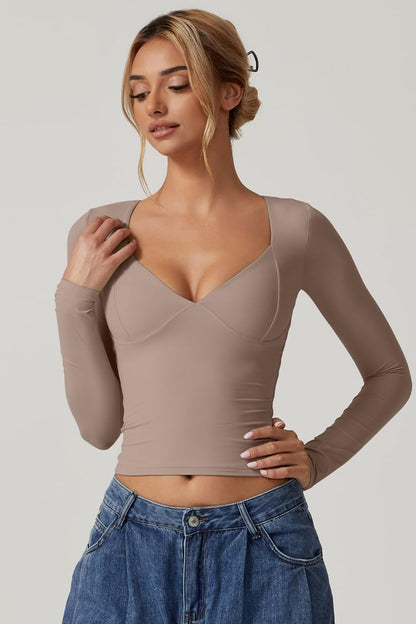 QINSEN Women's Long Sleeve V Neck T Shirts Double Lined Crop Top Seamed Cup Going Out Tops