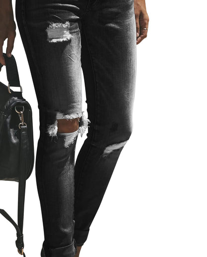 KUNMI Women's Ripped Mid Waisted Boyfriend Jeans Loose Fit Distressed Stretchy Denim Pants