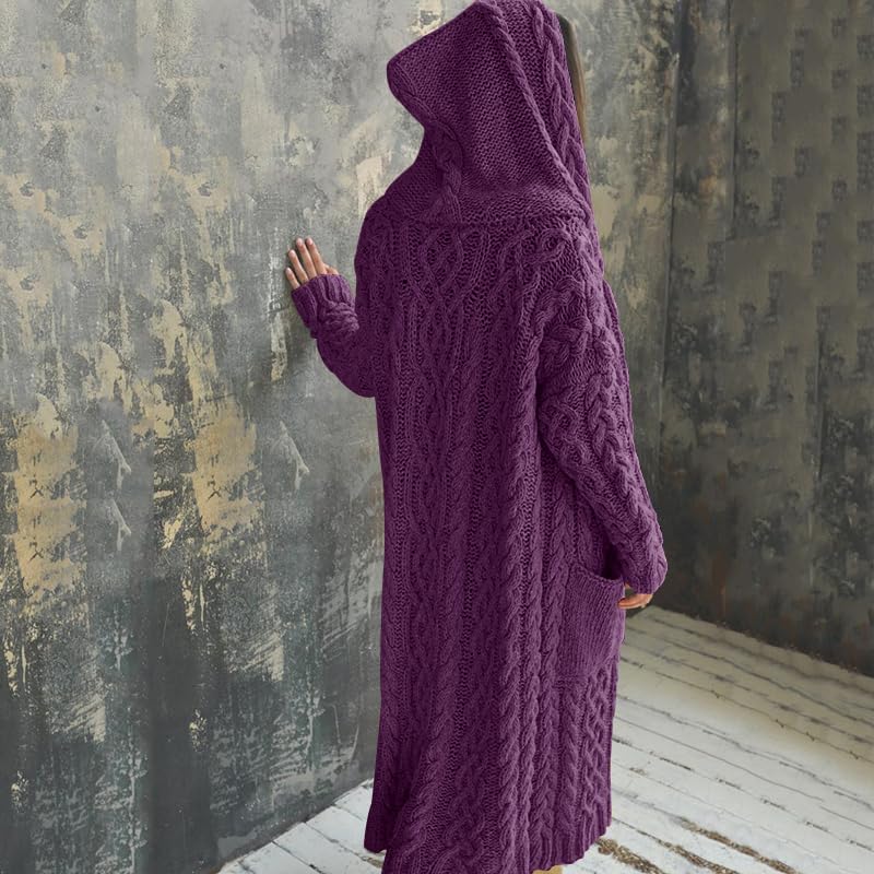 NIUBIA Womens Casual Long Sleeve Open Cardigan Warm Hooded Outwear Coat Cable Knit Long Cardigan Sweaters with Pockets