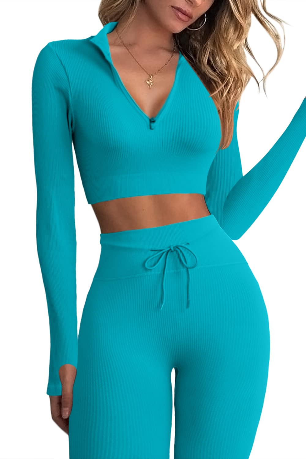 QINSEN Long Sleeve Workout Shirt for Women High Funnel Neck Crop Tops Tummy Control Leggings Fitted 2 Pieces Sets