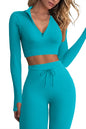 QINSEN Long Sleeve Workout Shirt for Women High Funnel Neck Crop Tops Tummy Control Leggings Fitted 2 Pieces Sets