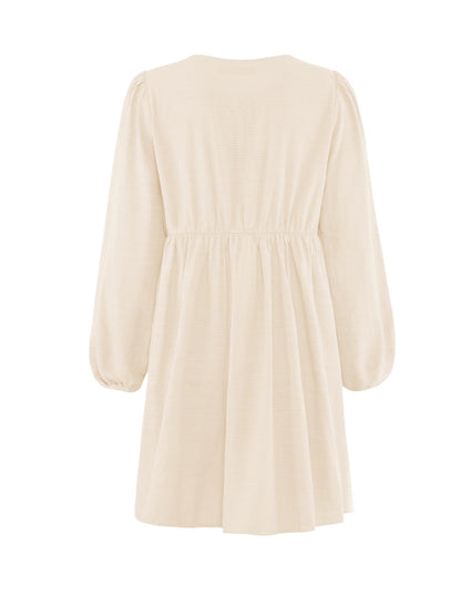 ZESICA Women's Dress Fall Long Puff Sleeve Self Tie Front Babydoll A Line Pleated Cute Mini Tunic Dresses 2025