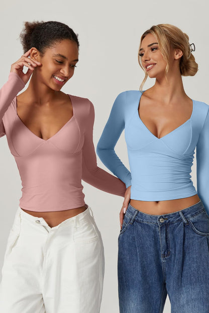 QINSEN Women's Long Sleeve V Neck T Shirts Double Lined Crop Top Seamed Cup Going Out Tops