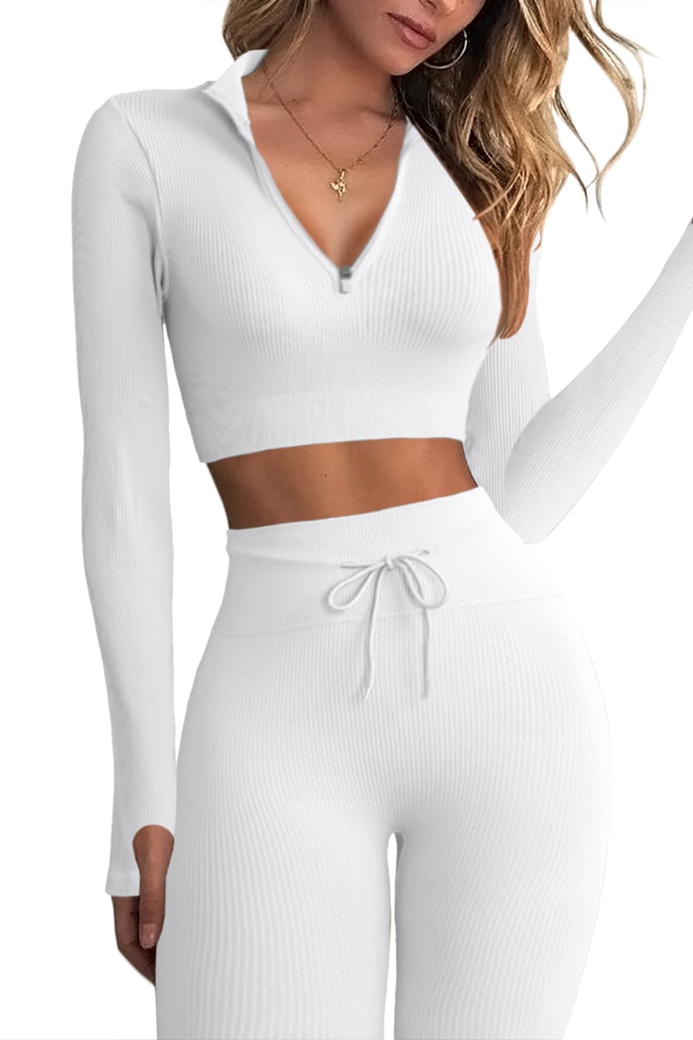 QINSEN Long Sleeve Workout Shirt for Women High Funnel Neck Crop Tops Tummy Control Leggings Fitted 2 Pieces Sets