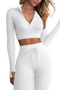 QINSEN Long Sleeve Workout Shirt for Women High Funnel Neck Crop Tops Tummy Control Leggings Fitted 2 Pieces Sets