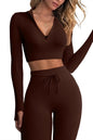 QINSEN Long Sleeve Workout Shirt for Women High Funnel Neck Crop Tops Tummy Control Leggings Fitted 2 Pieces Sets