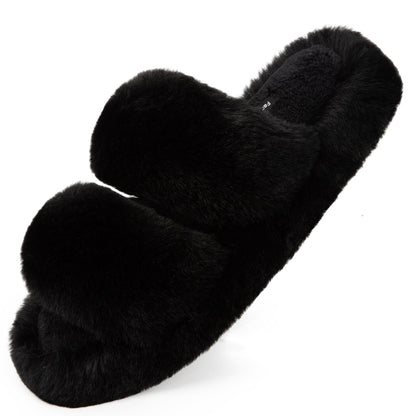 FamilyFairy Women's Fluffy Faux Fur Slippers Comfy Open Toe Two Band Slides with Fleece Lining and Rubber Sole
