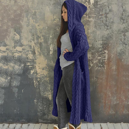 NIUBIA Womens Casual Long Sleeve Open Cardigan Warm Hooded Outwear Coat Cable Knit Long Cardigan Sweaters with Pockets