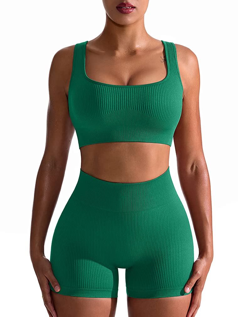 OQQ Workout Outfits for Women 2 Piece Seamless Ribbed High Waist Leggings with Sports Bra Exercise Set…