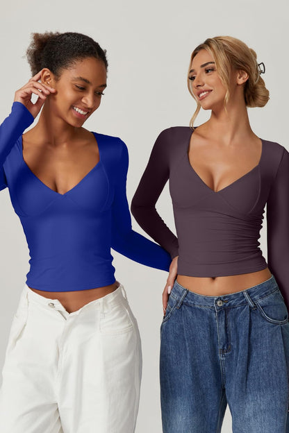 QINSEN Women's Long Sleeve V Neck T Shirts Double Lined Crop Top Seamed Cup Going Out Tops
