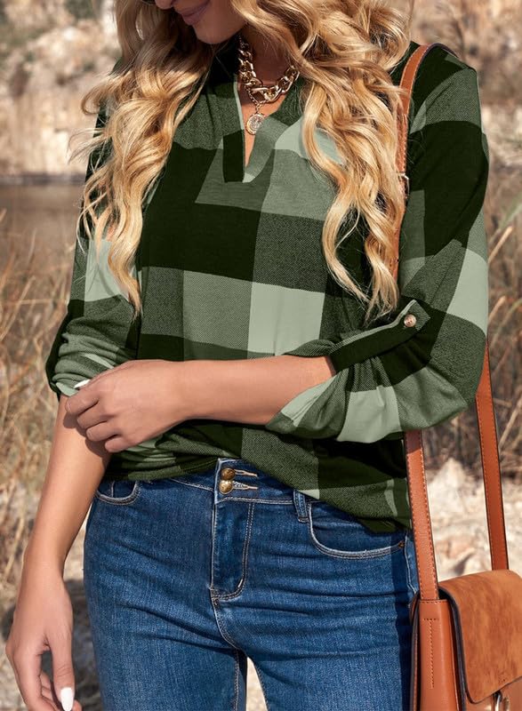 Dokotoo Womens Basic Casual V Neck Plaid Print Cotton Cuffed Long Sleeve Work Tops Blouses Shirts S-3XL
