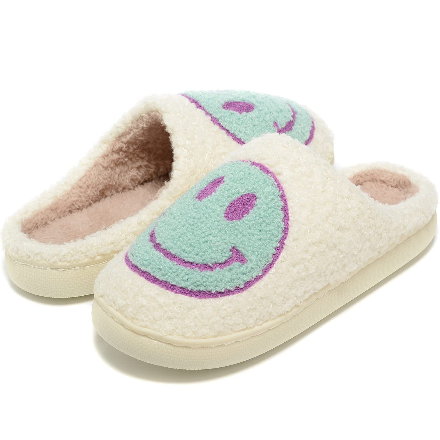Retro Fuzzy Face Slippers for Women Men, Retro Soft Fluffy Warm Home Non-Slip Couple Style Casual Smile Face Slippers Indoor Outdoor Anti-Skid Warm Cozy Foam Slide Fuzzy Slides with Soft Memory Foam Shoes