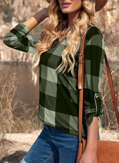 Dokotoo Womens Basic Casual V Neck Plaid Print Cotton Cuffed Long Sleeve Work Tops Blouses Shirts S-3XL