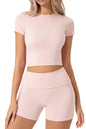QINSEN Women's 2 Piece Outfits Lounge Sets Slim Fitted Short Sleeve Crop Tops Fold Over Shorts Casual Comfy Trasuits