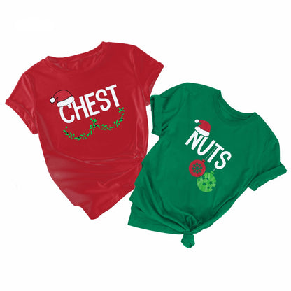 Chest and Nuts Christmas Shirts Xmas Couples Matching Outfits His and Her Holiday Short Sleeve Matching Sets