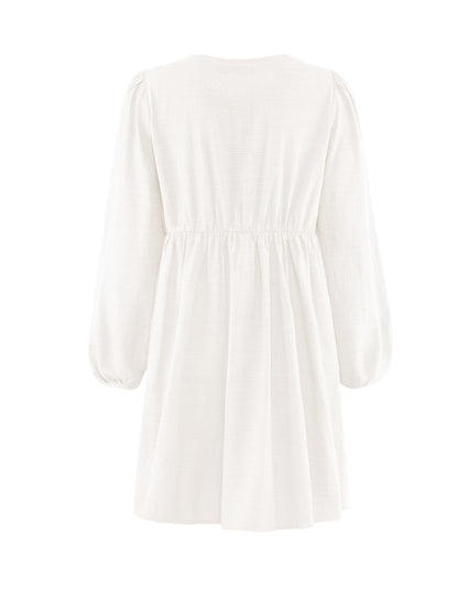 ZESICA Women's Dress Fall Long Puff Sleeve Self Tie Front Babydoll A Line Pleated Cute Mini Tunic Dresses 2025