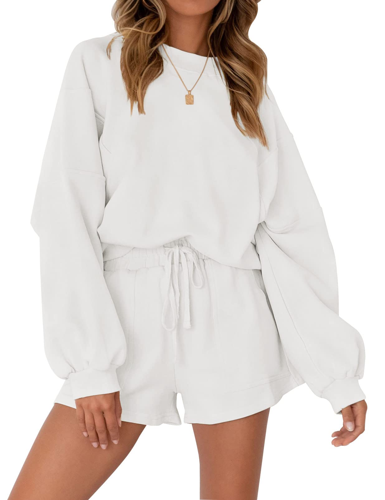 MEROKEETY Women's 2024 Fall Oversized Batwing Sleeve Lounge Sets Casual Top and Shorts 2 Piece Outfits Sweatsuit