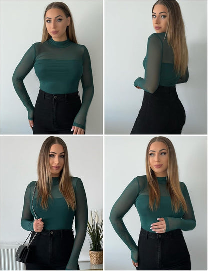 Zeagoo Women's Sexy Mock Turtle Neck Long Sleeve Tops Sheer Mesh Ruched Trendy Going Out Shirts Blouse