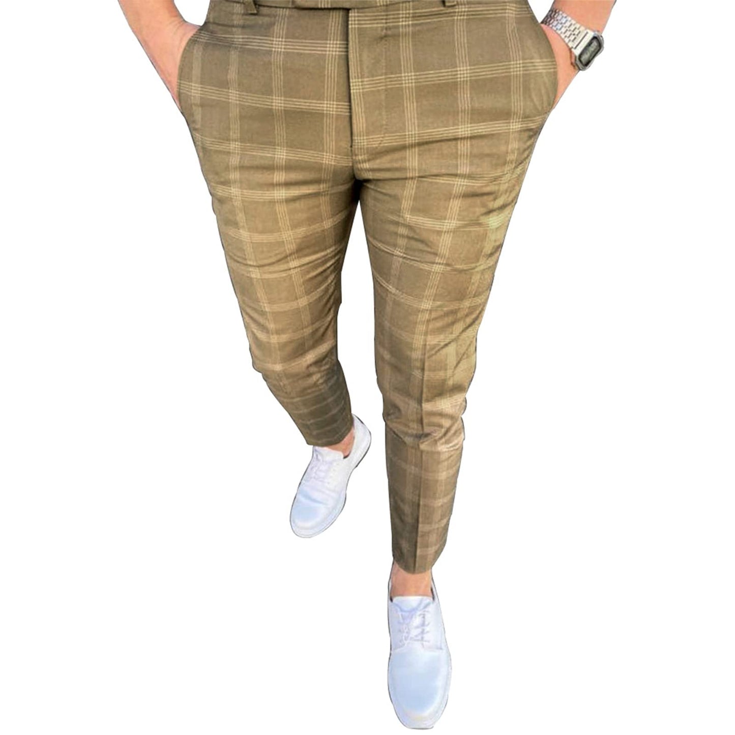 Men's Fashion Stretch Dress Pants Slim Fit Plaid Skinny Long Pants Casual Business Golf Dress Pants