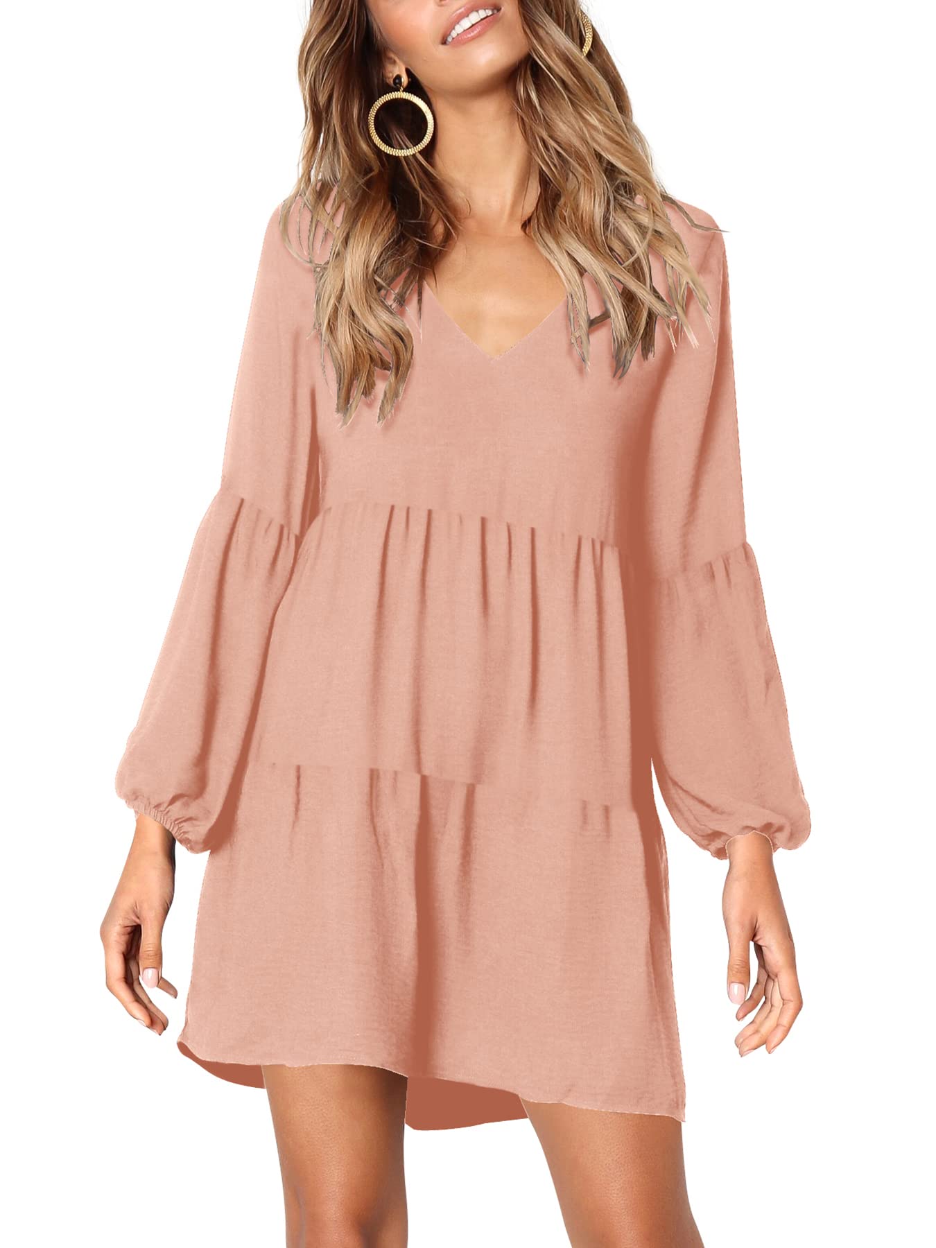 Amoretu Women Summer Tunic Dress V Neck Casual Loose Flowy Swing Shift Dress