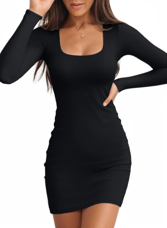 Valiamcep Women's Dress Square Neck Long Sleeve Ribbed Knit Slim Fitted Basic Bodycon Mini Pencil Dresses