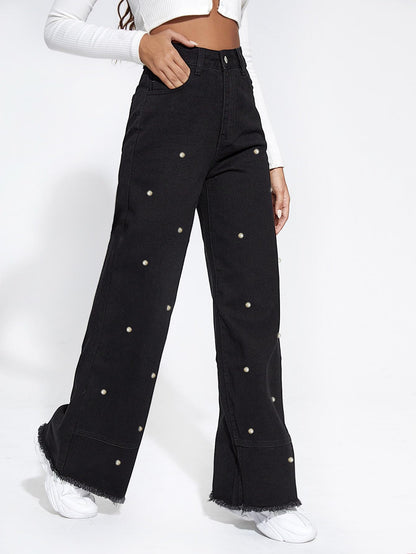 Women's Patchwork Pearl Embellished Jeans High Waisted Solid Color Casual Straight Leg Baggy Denim Pants