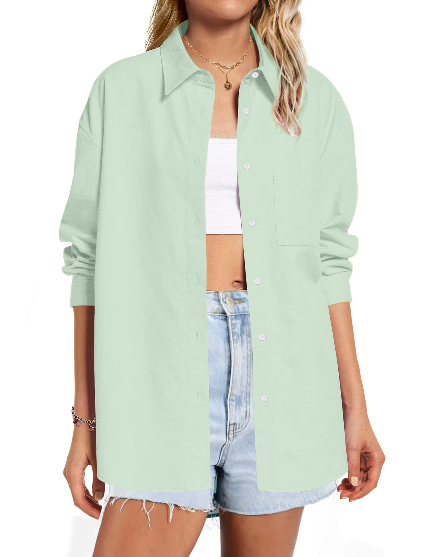 HOTOUCH Women Oversized Button Down Shirts Office Drop Shoulder Blouse Long Sleeve Boyfriend Dress Shirt with Pockets