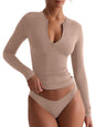 REORIA Double Lined Quarter Zip Sexy V Neck Long Sleeve Cropped Top Going Out Tops for Womens Fall Fashion 2024