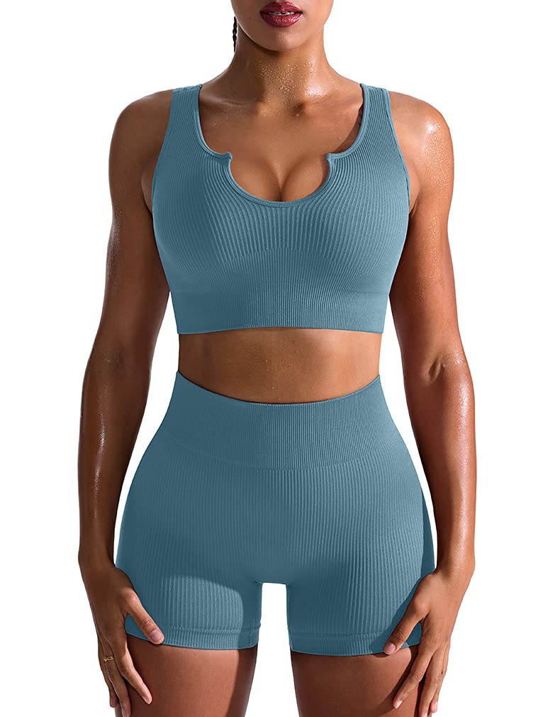 OQQ Workout Outfits for Women 2 Piece Seamless Ribbed High Waist Leggings with Sports Bra Exercise Set…