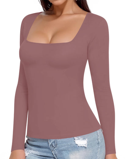 MANGOPOP Womens Square Neck T Shirts Long Sleeve Tops Fitted Tees