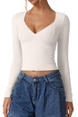 QINSEN Women's Long Sleeve V Neck T Shirts Double Lined Crop Top Seamed Cup Going Out Tops
