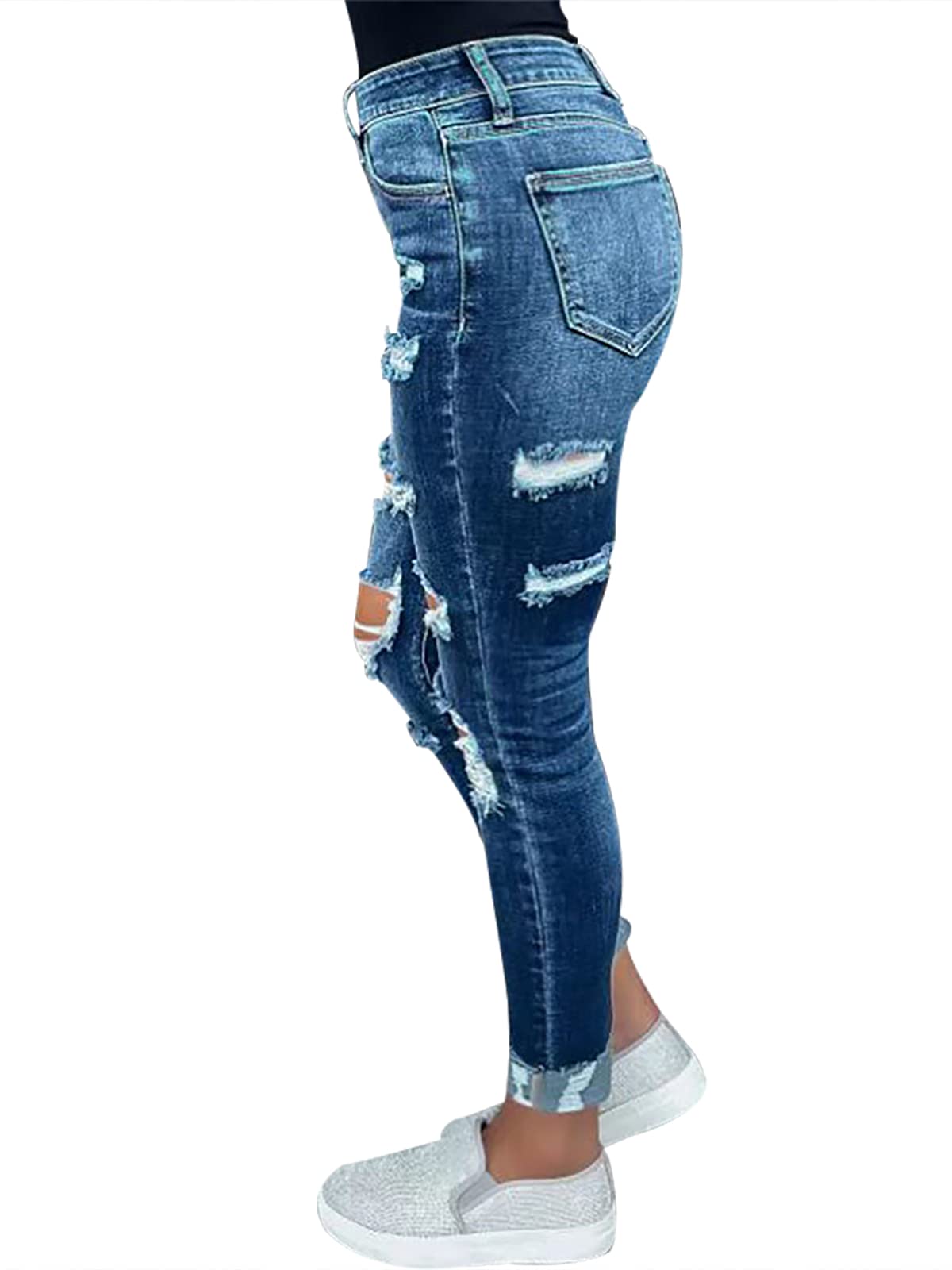KUNMI Women's Ripped Mid Waisted Boyfriend Jeans Loose Fit Distressed Stretchy Denim Pants
