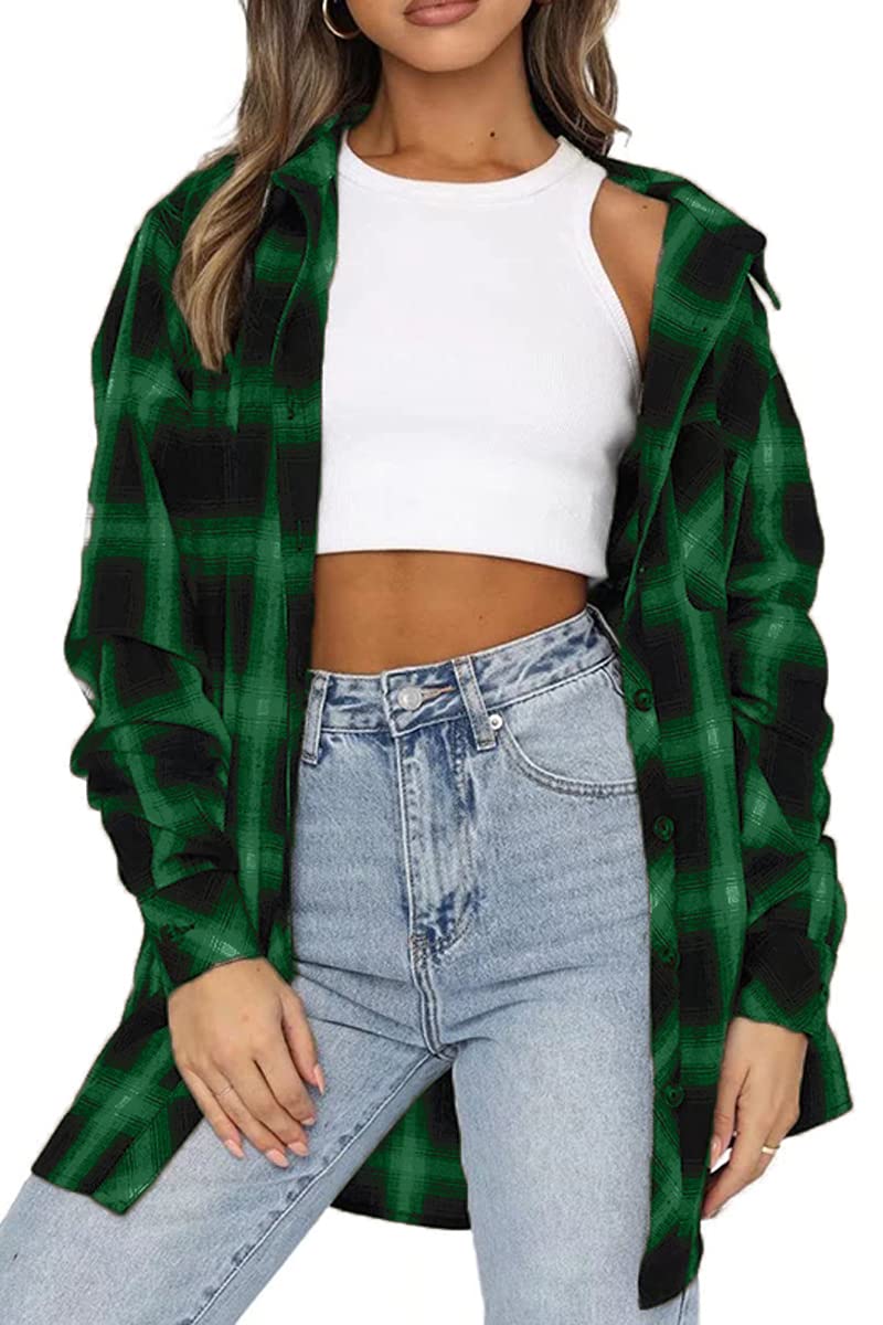 CHYRII Womens Button Down Flannel Shirts Long Sleeve Plaid Shackets Business Casual Blouse Top