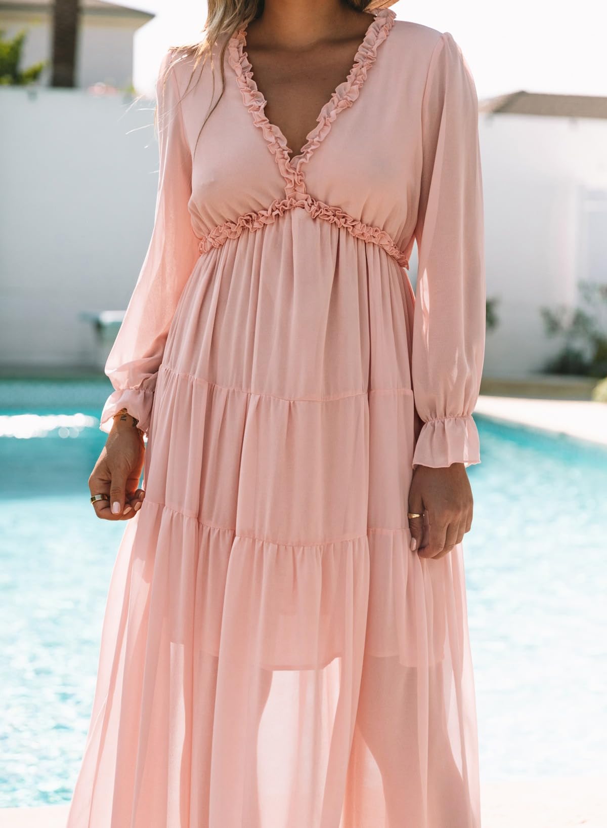 BLENCOT Womens Casual Boho Deep V Neck Short Sleeve Long Dress