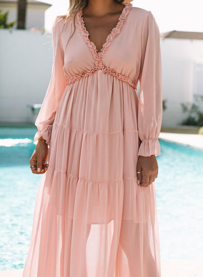 BLENCOT Womens Casual Boho Deep V Neck Short Sleeve Long Dress
