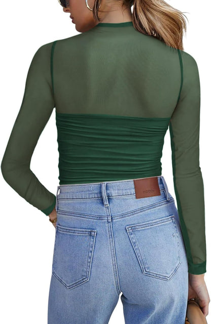 Zeagoo Women's Sexy Mock Turtle Neck Long Sleeve Tops Sheer Mesh Ruched Trendy Going Out Shirts Blouse