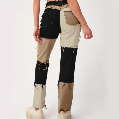 Women's Patchwork Pants Hight Waist Distressed Straight Denim Jeans Wide Leg High Waisted Baggy Drawstring Sweat