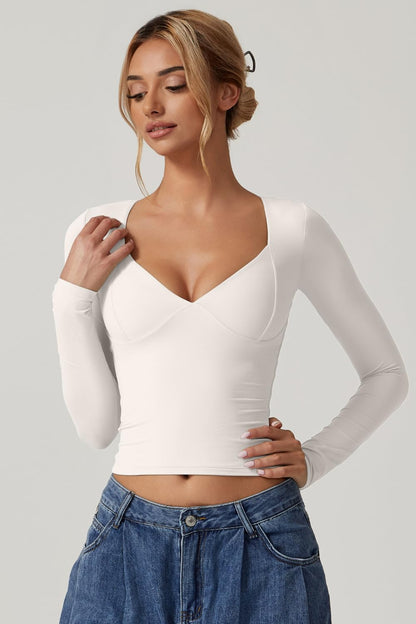 QINSEN Women's Long Sleeve V Neck T Shirts Double Lined Crop Top Seamed Cup Going Out Tops
