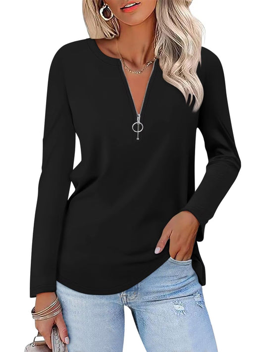 ORANDESIGNE Women's Long Sleeve Shirts Fall Zipper Tops Tunics Ladies Casual Tees Blouses