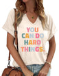 TIXOM Womens Summer V Neck Shirt Funny Letter Printed Graphic Short Sleeve Tee Casual Loose Fit Holiday Tops