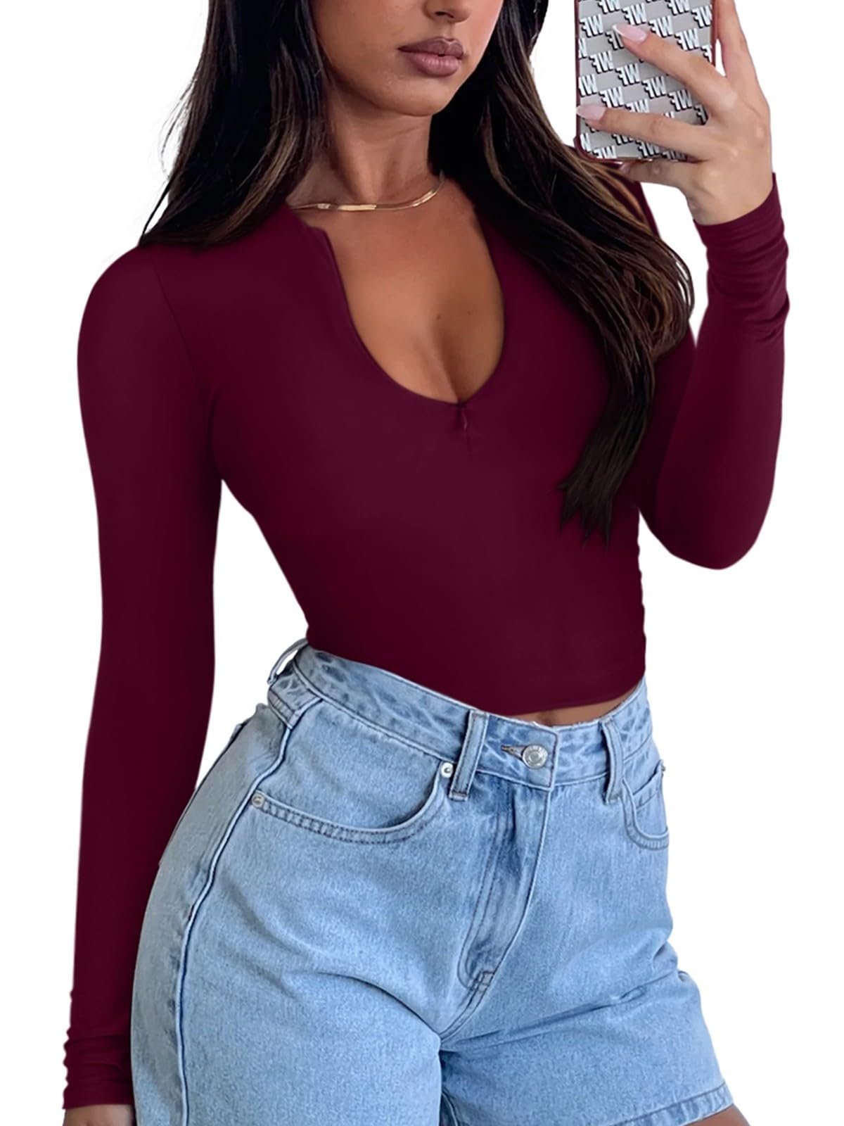 REORIA Double Lined Quarter Zip Sexy V Neck Long Sleeve Cropped Top Going Out Tops for Womens Fall Fashion 2024