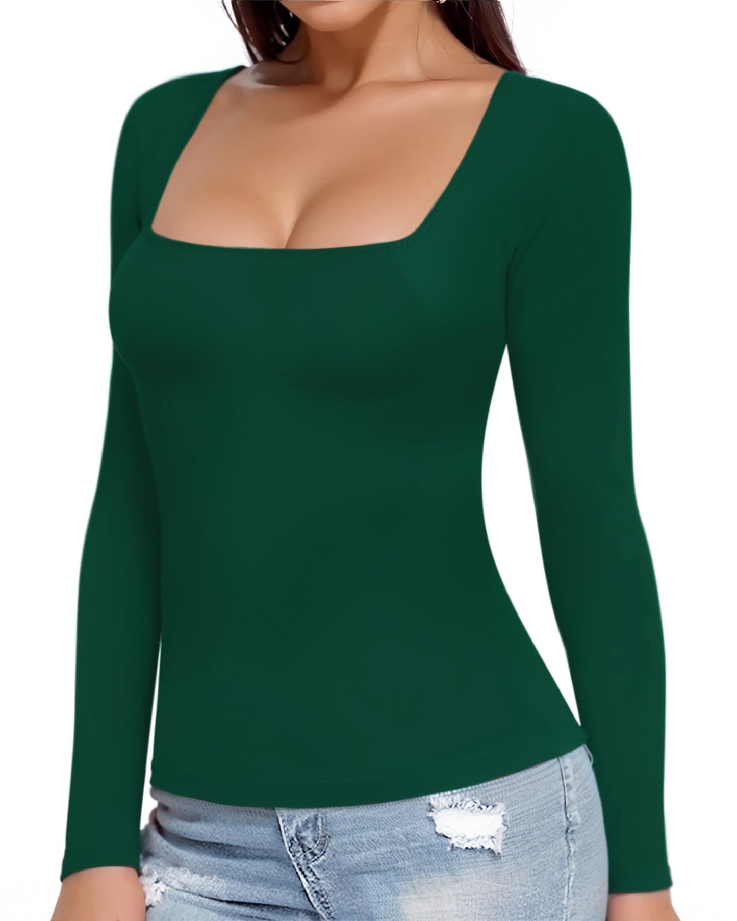MANGOPOP Womens Square Neck T Shirts Long Sleeve Tops Fitted Tees