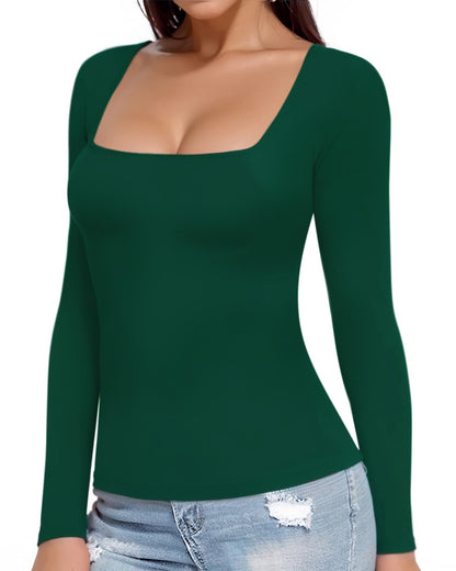 MANGOPOP Womens Square Neck T Shirts Long Sleeve Tops Fitted Tees